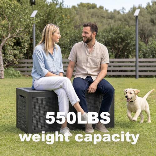 patiozen 100 gallon deck box lockable waterproof outdoor showing dimensions