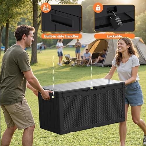 105 gallon deck box outdoor indoor waterproof storage showing dimensions