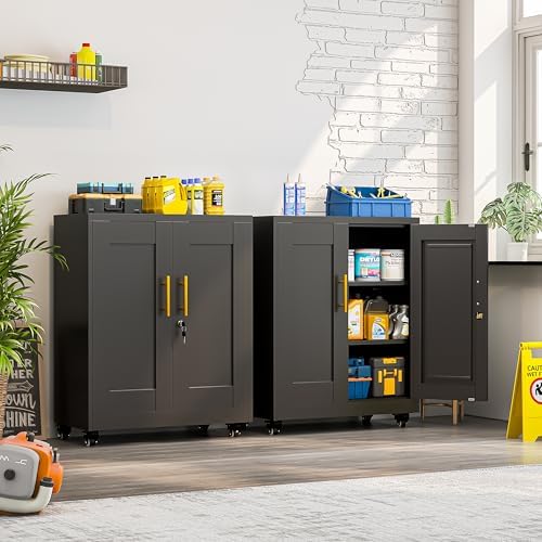 small metal storage cabinet with wheels, lockable tool, front angle view