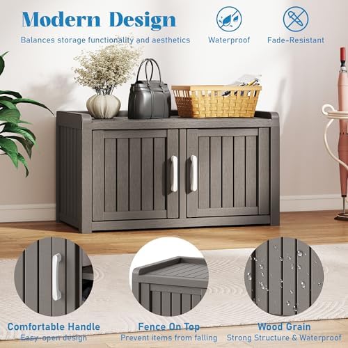 2-tier storage bench, waterproof uv-resistant outdoor shoe storage, side view