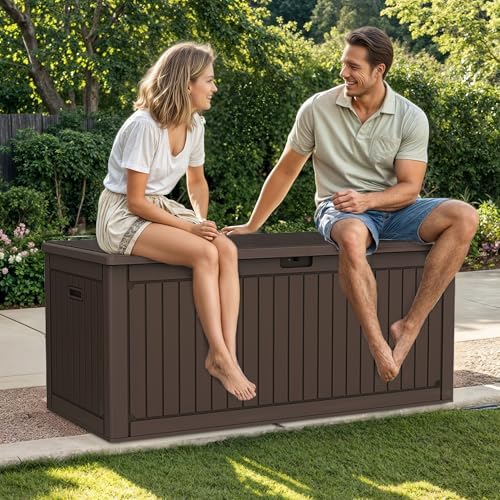 dwvo 320 gallon resin outdoor storage box, xxl shown in use