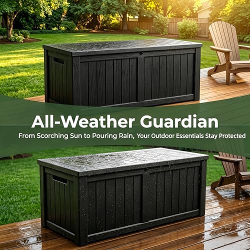 makino 178 gallon large resin outdoor storage box showing dimensions
