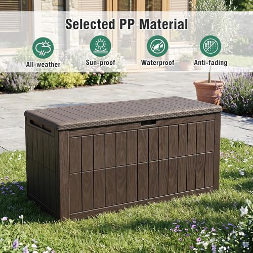 tangkula 100 gallon outdoor storage box with lockable showing dimensions