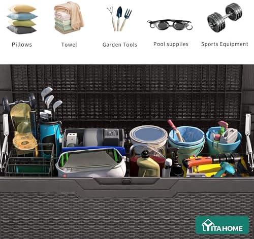 yitahome 100 gallon resin deck box showing dimensions