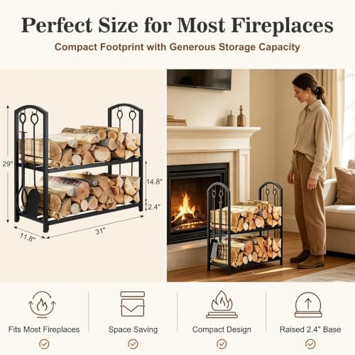 feed garden firewood rack with 4-piece fireplace tools showing dimensions