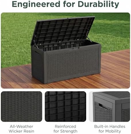 100 gallon deck box, waterproof resin rattan outdoor showing dimensions