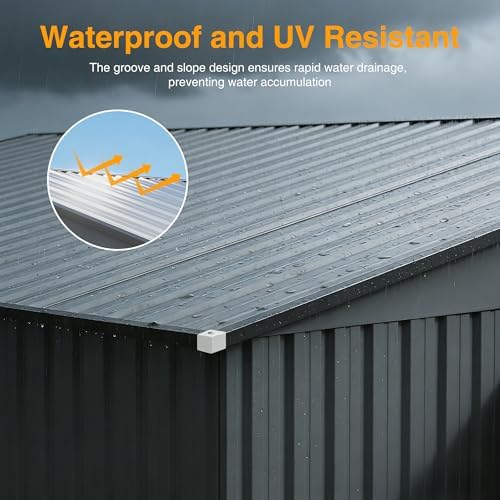 12ft outdoor storage shed, dark grey metal waterproof on a desk or shelf