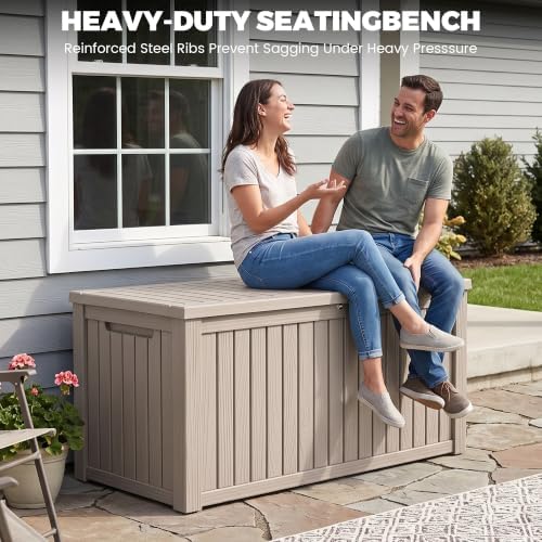 200 gallon outdoor deck box waterproof, large storage on a desk or shelf