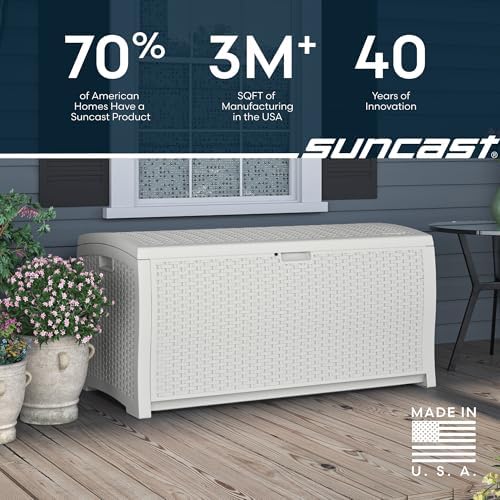 suncast 99 gallon wicker horizontal outdoor deck box, front angle view