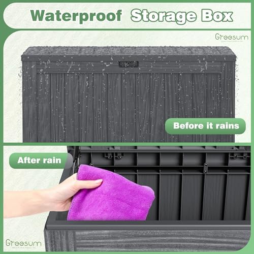 greesum outdoor storage box 120 gallon storage bin shown in use