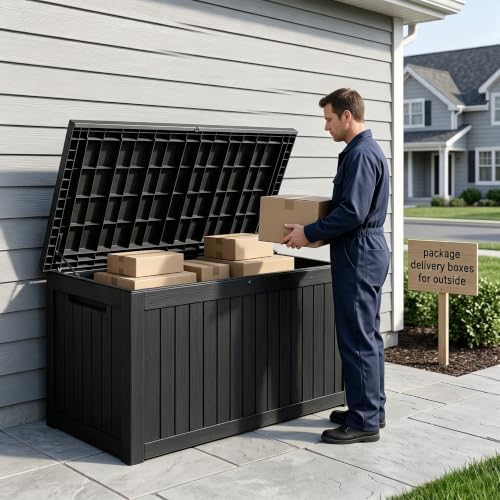 makino 198 gallon large resin outdoor storage box, side view