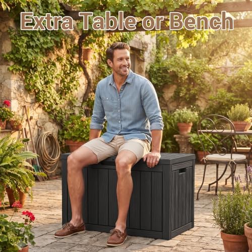 drato 60gal weatherproof resin deck box, black lockable, front angle view
