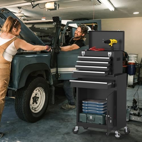 5-drawers tool chest, 2-in-1 rolling tool box with shown in use