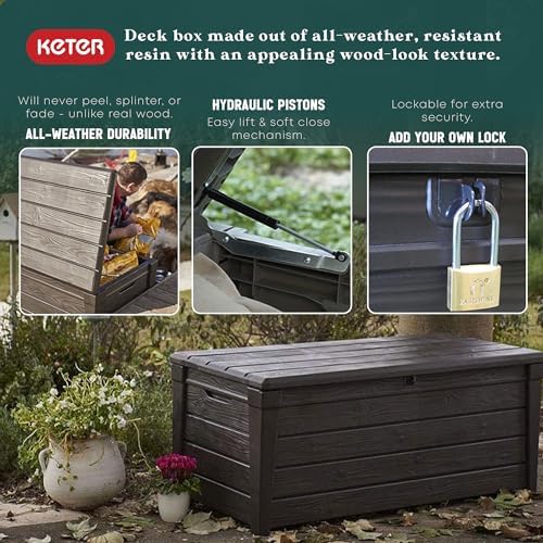 keter brightwood waterproof outdoor storage deck box, 120, close-up detail