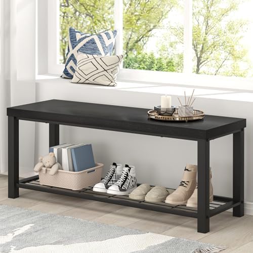 excefur entryway bench, modern wood and metal storage showing dimensions