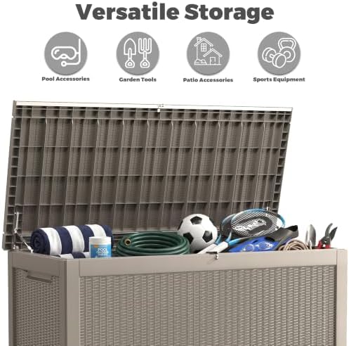 350 gallon outdoor storage box, waterproof resin deck, front angle view
