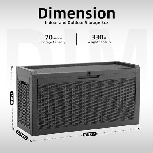 waterproof outdoor storage box, 70 gallon lockable deck shown in use