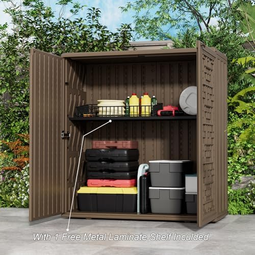 homspark indoor/outdoor storage cabinet with doors and shelf shown in use