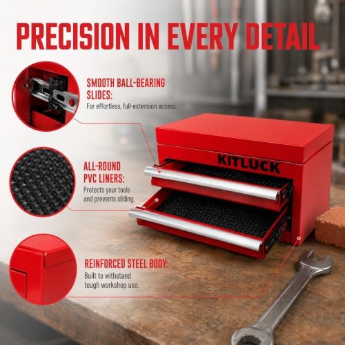 kitluck mini metal tool box, 2-drawer top chest showing dimensions