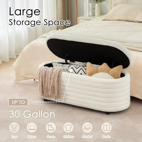 45.5" modern storage ottoman bench, white sherpa, side view