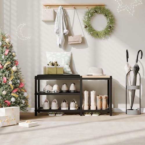 shoe bench with shoe rack,shoe rack for entryway,supports, front angle view