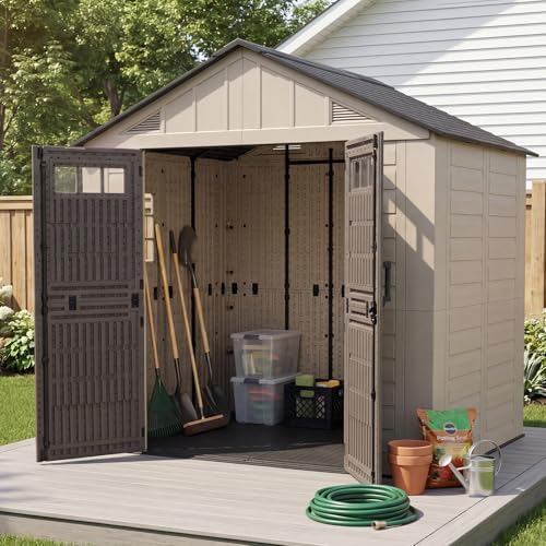 lazysunsets 8x6 ft outdoor storage shed, large resin, front angle view