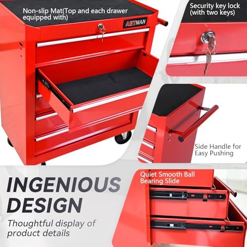 5 drawers rolling tool chest on wheels, multifunctional on a desk or shelf