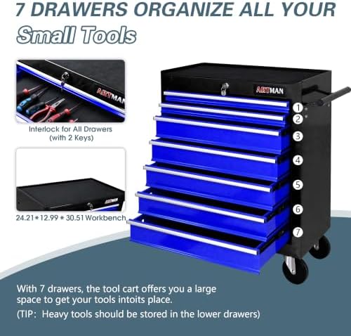 7 drawers rolling tool chest on wheels, multifunctional showing dimensions