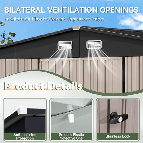 aoxun 14x12 ft outdoor storage shed, metal shed, close-up detail