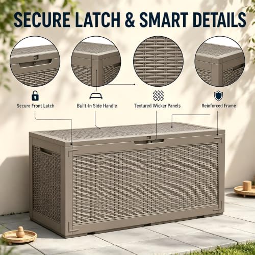 outdoor storage box resin deck box waterproof brownwicker, close-up detail