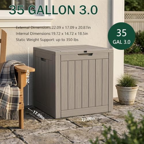 outdoor storage box, 35 gallon waterproof deck box shown in use