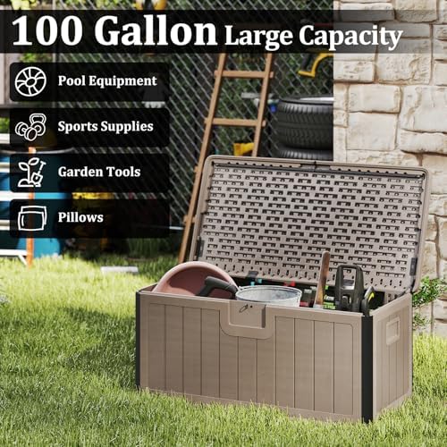 tangkula 100 gallon waterproof outdoor storage box shown in use