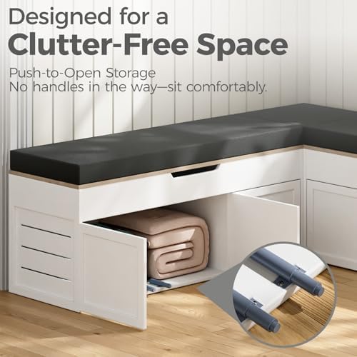 l-shaped corner storage bench with cushion, backless wood, side view