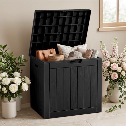 30 gallon outdoor storage box, waterproof resin deck, front angle view