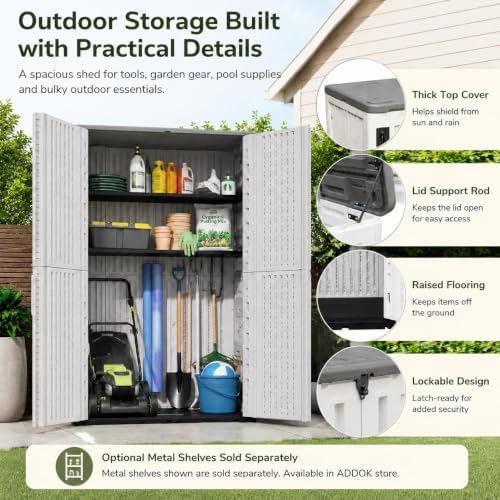 addok 66 cu.ft outdoor storage shed,resin storage cabinet showing dimensions