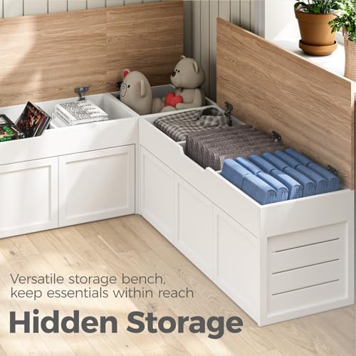 l-shaped corner storage bench with cushion, backless wood, close-up detail