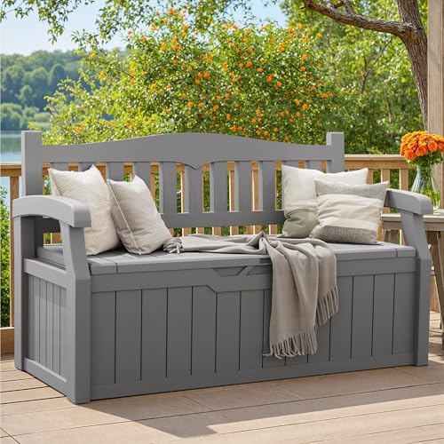 greesum 80 gallon storage bench outdoor deck box shown in use