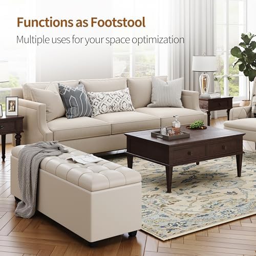 38" white faux leather ottoman storage bench with showing dimensions