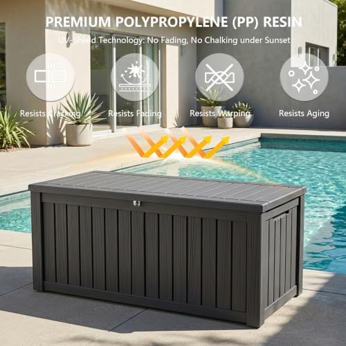 outdoor storage box, 150 gallon waterproof deck box, side view