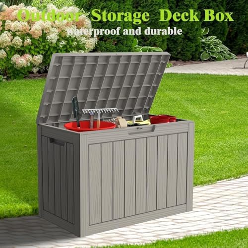 outdoor deck storage box, 50 gallon deck box,lockable shown in use