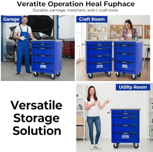 rolling tool chest,stainless steel worktop,blue,4‑drawer on a desk or shelf
