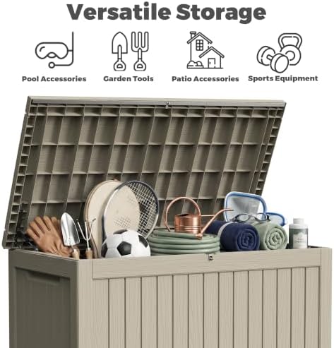 270 gallon outdoor storage box waterproof, lockable resin, front angle view