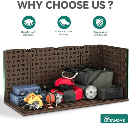 yitahome 320 gallon double-wall deck box with divider showing dimensions