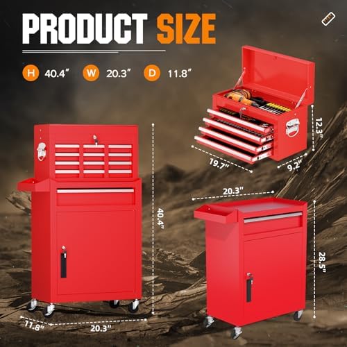 crownland 5-drawer rolling tool chest with wheels, red, close-up detail