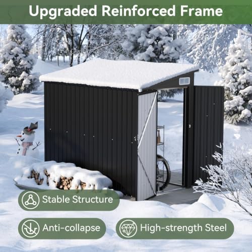7.5'x4' outdoor shed with 3-lockable door black showing dimensions