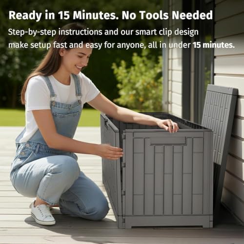 east oak outdoor storage box, 60 gallon deck, front angle view