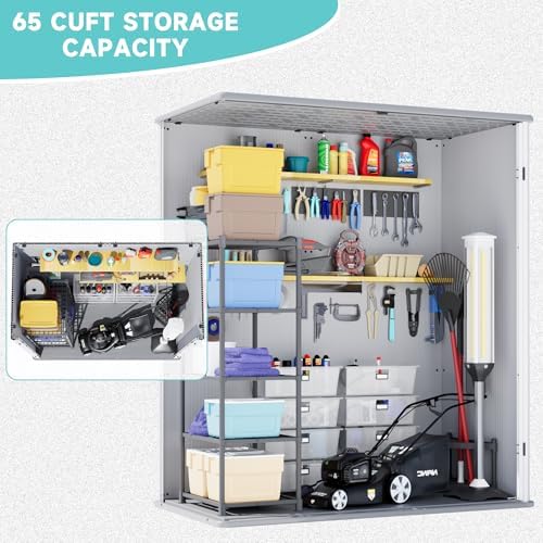 greesum 5x3ft plastic outdoor storage shed with floor showing dimensions
