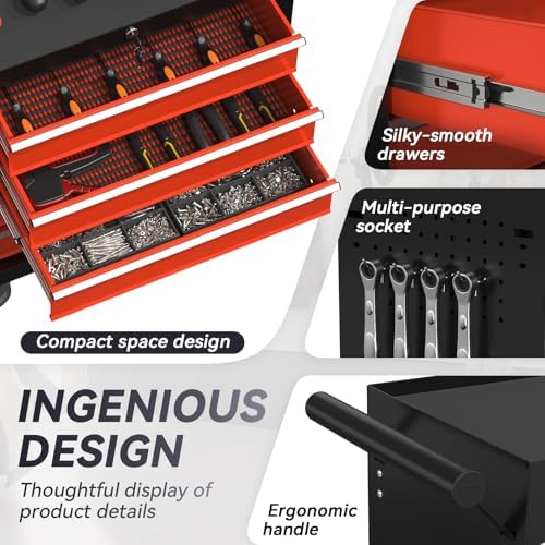 5-drawer rolling tool chest with wheels, metal tool showing dimensions