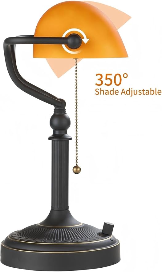 Newrays Matted Amber Glass Bankers Desk Lamp, Stepless Dimmable Table Lamp Plug - Image 7