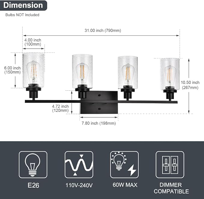 WINSHEN Black 4-Light Bathroom Light Fixtures - Image 4